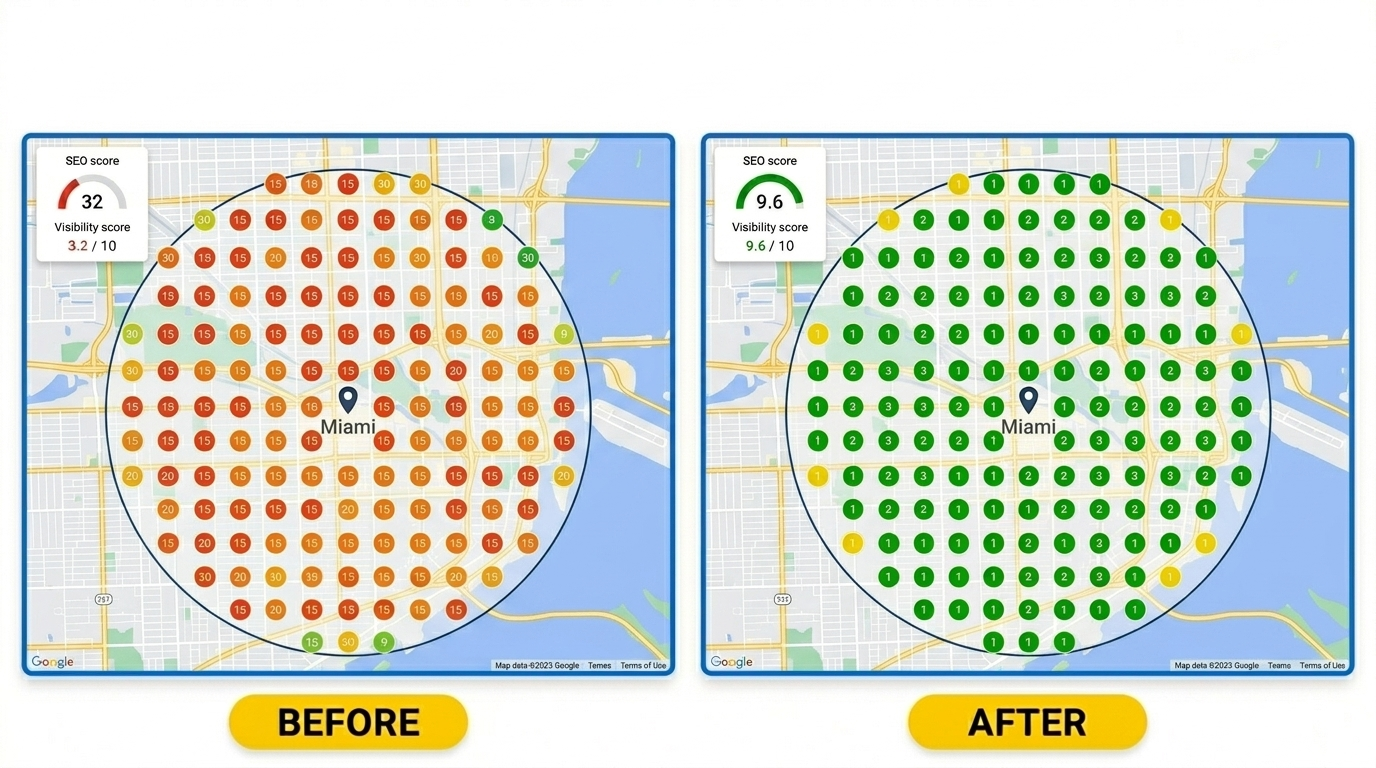 Map tracking grid showing Miami cosmetic dentist climbing from red markers (invisible) to green markers (top 1-3) for implant keywords