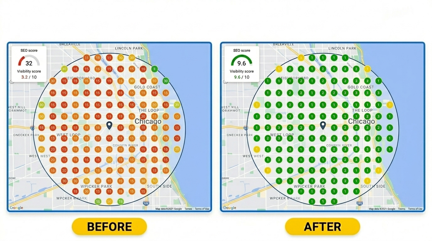 Map tracking grid showing Chicago DSO branches climbing from red markers (invisible) to green markers (top 1-3) across the Chicago area