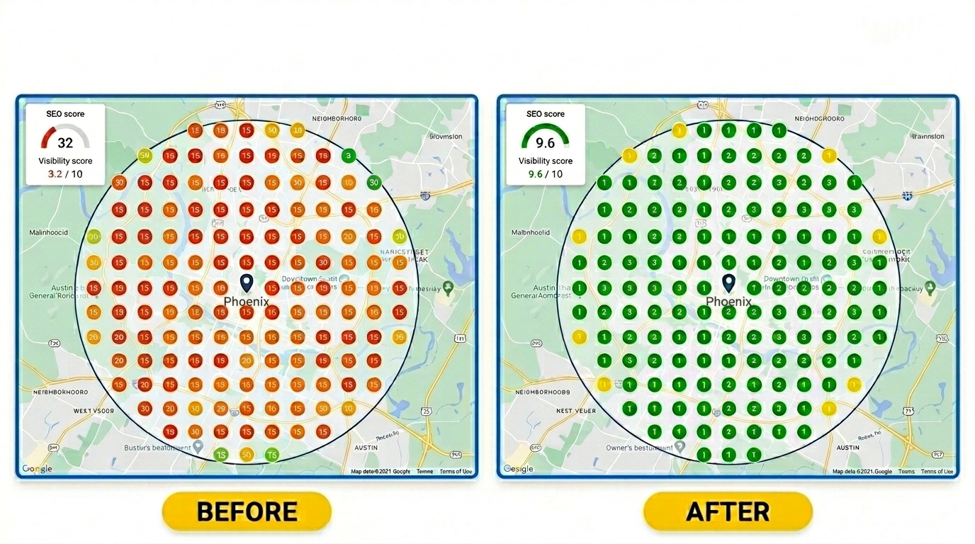 Map tracking grid showing Phoenix start-up dentist climbing from red markers (invisible) to green markers (top 1-3) across the Phoenix area