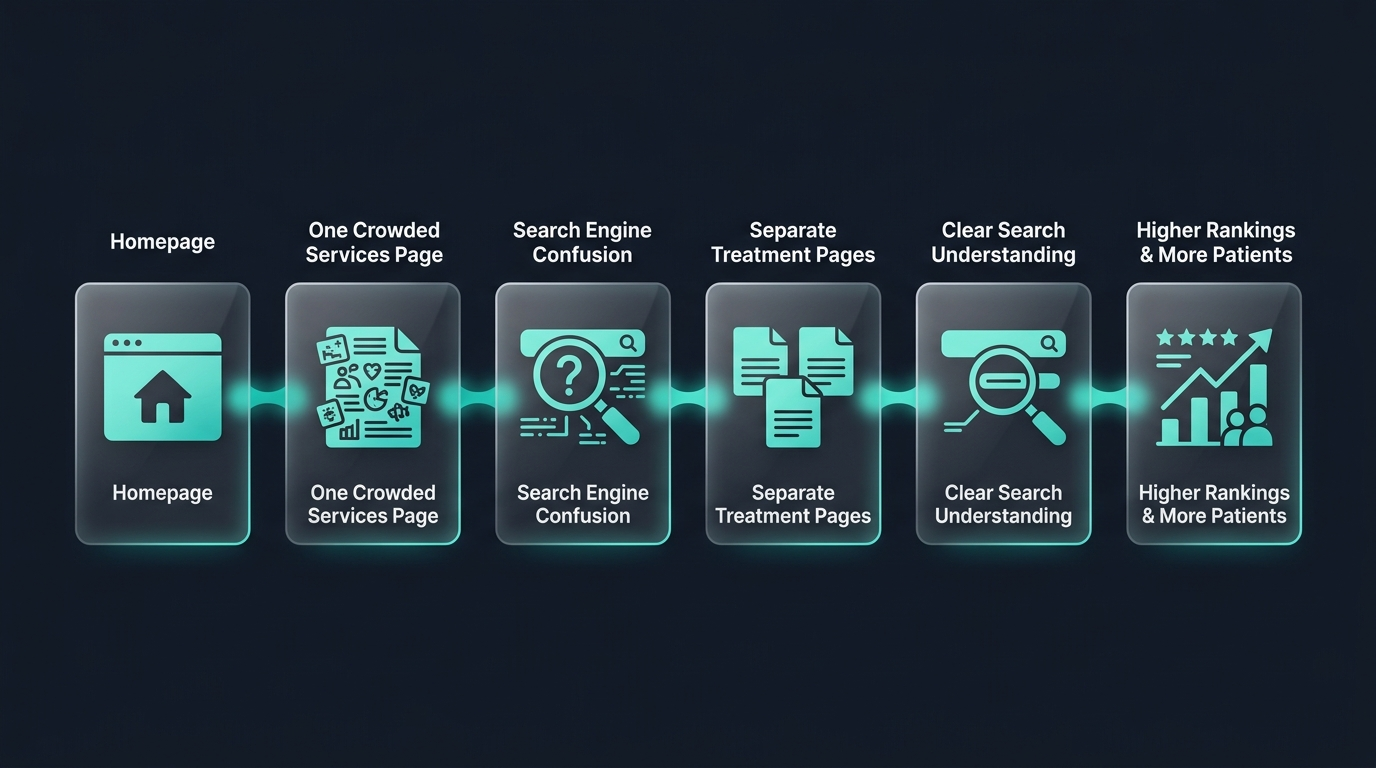 Diagram showing one dental page per treatment model for search engine optimization