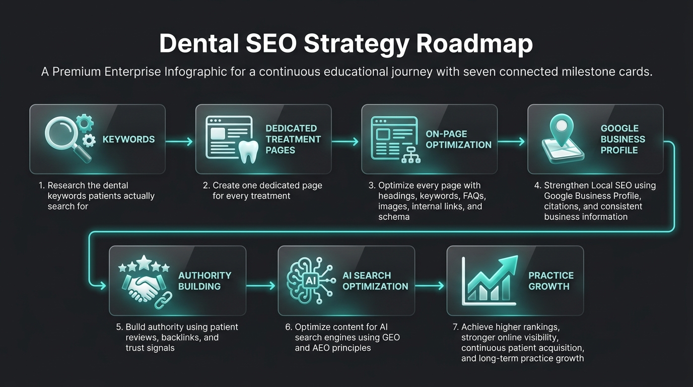 Dental SEO strategy roadmap detailing local organic and maps visibility steps