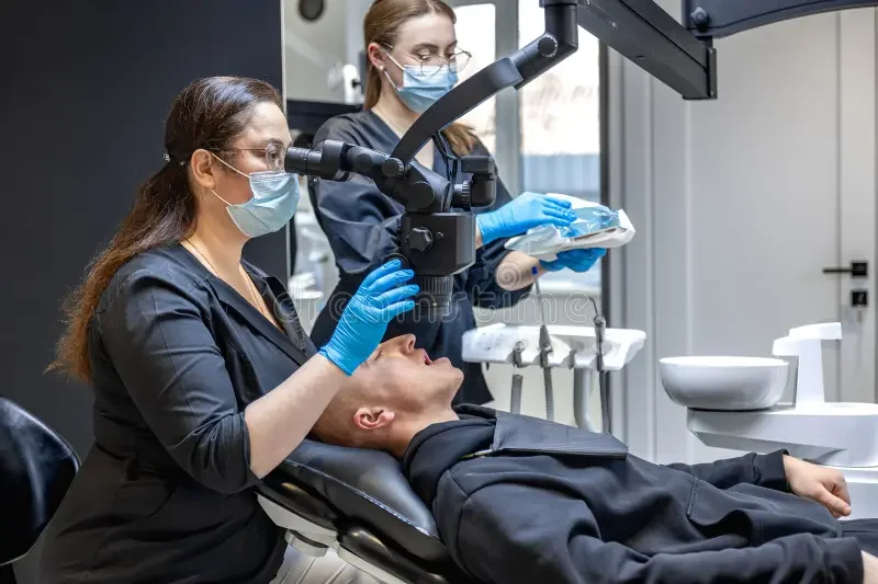 Modern dental operatory room treatment area with microscope