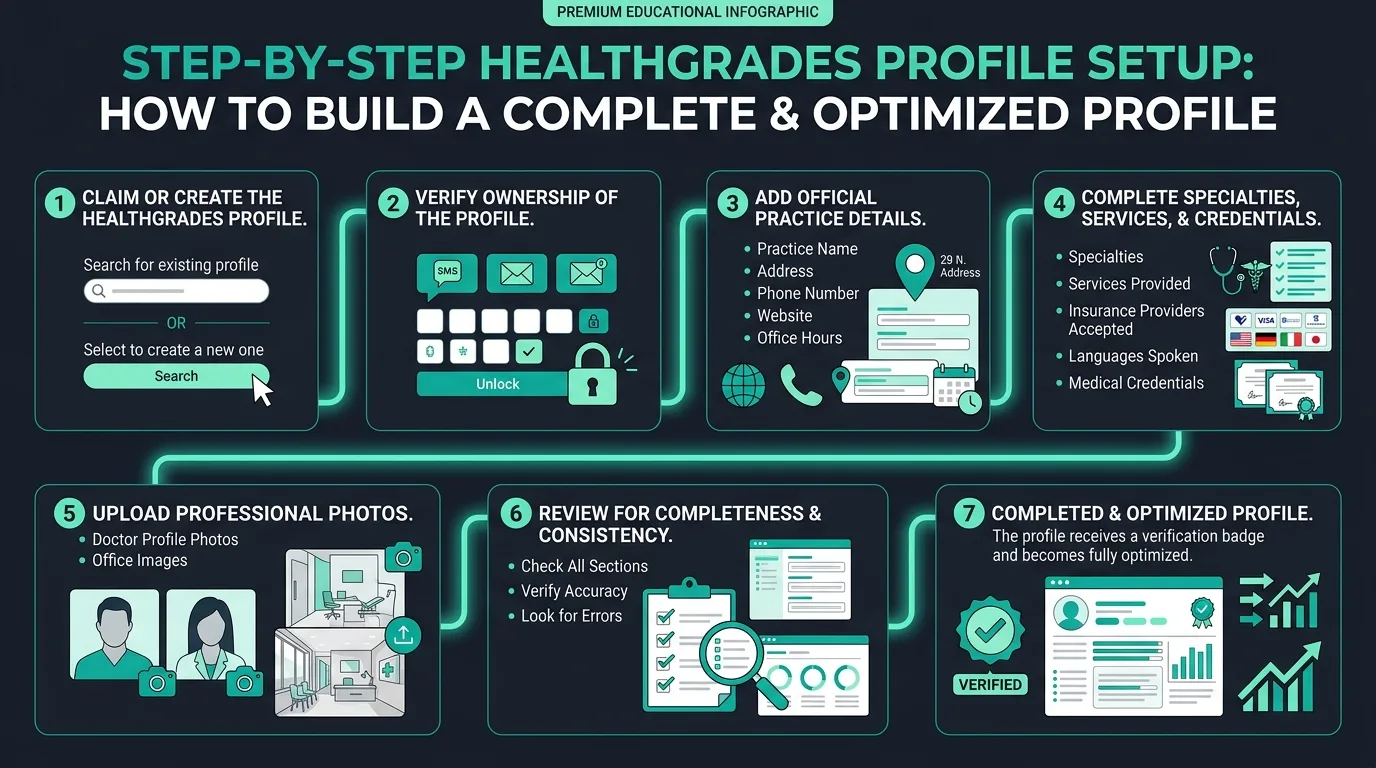 Step-by-Step Healthgrades Profile Setup showing how to claim and optimize a dental profile