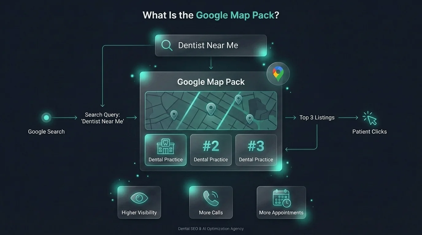 Google Map Pack local search results for dentists showing top three listings