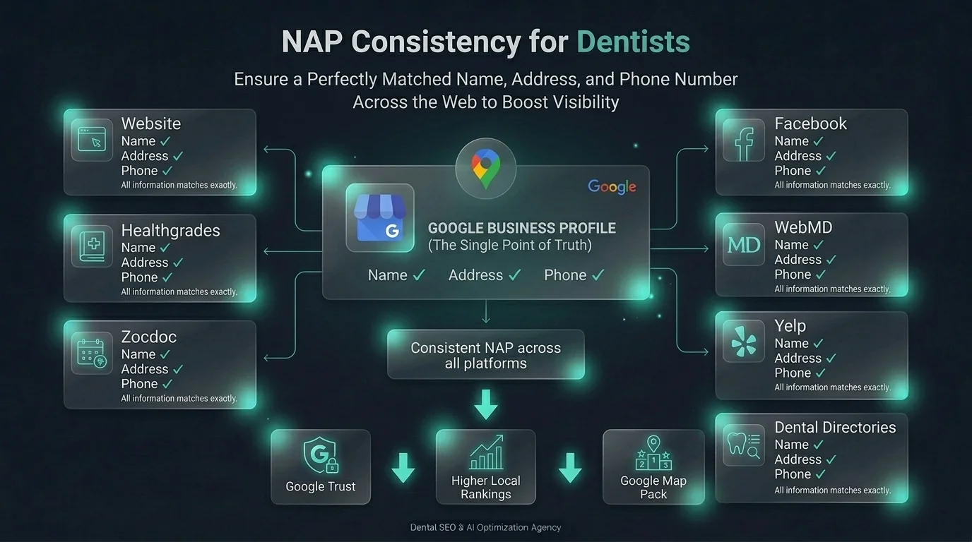 NAP consistency dashboard illustrating matching business profile details