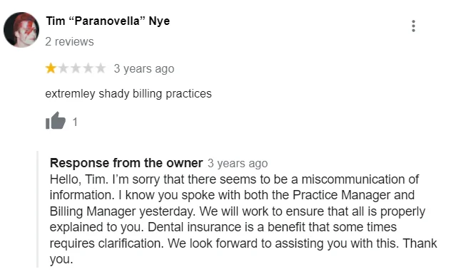Negative Review Response Example 3