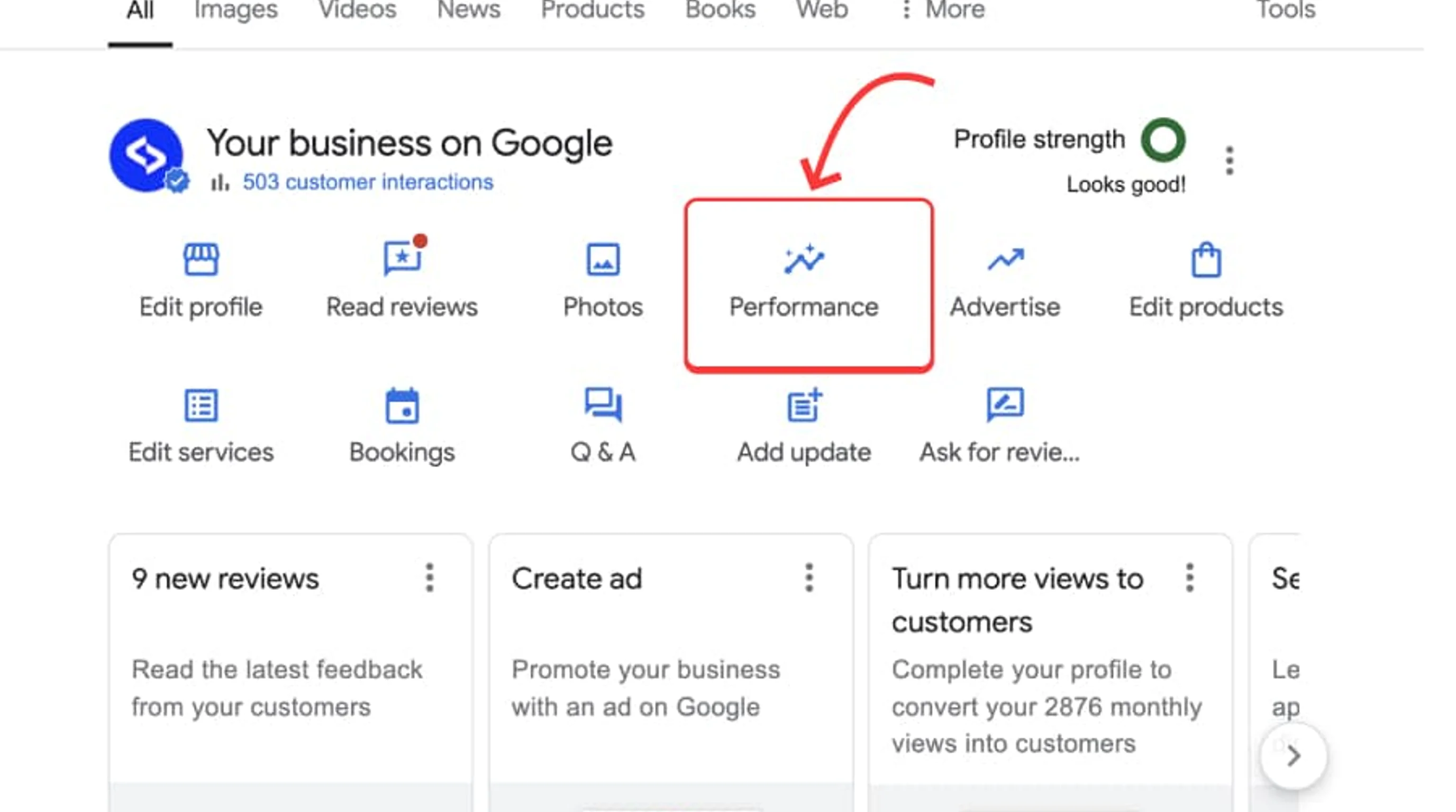Locating the performance and insights tab inside Google Business Profile dashboard