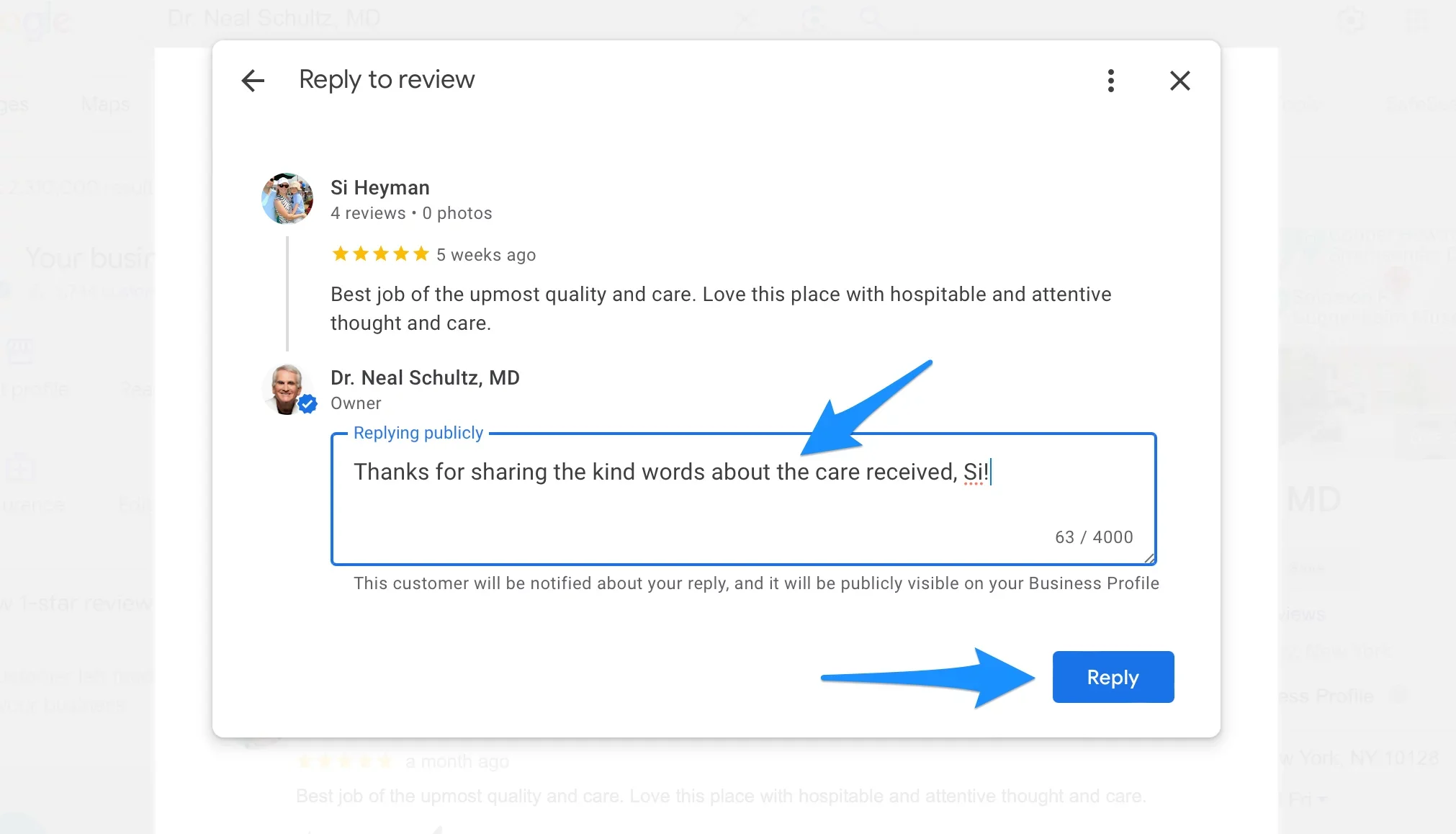 Prospective patients reading review responses on a mobile search