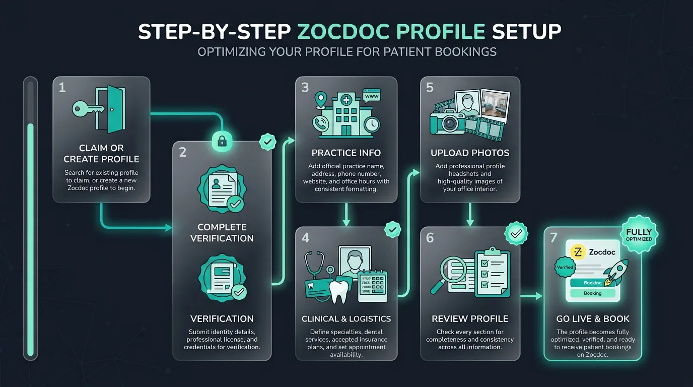 Step-by-Step Zocdoc Profile Setup showing claim, verify, and optimize workflow