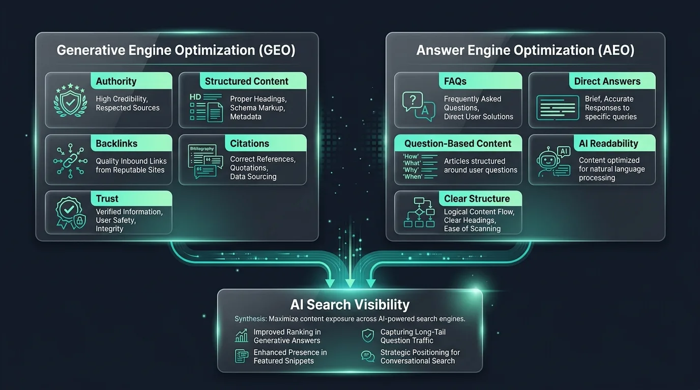 GEO and AEO optimization frameworks diagram for dental practices