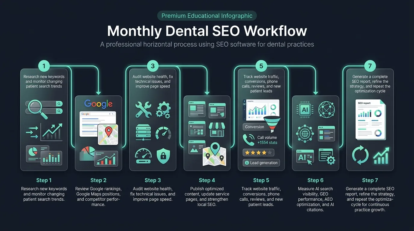 Monthly dental SEO diagnostics flow