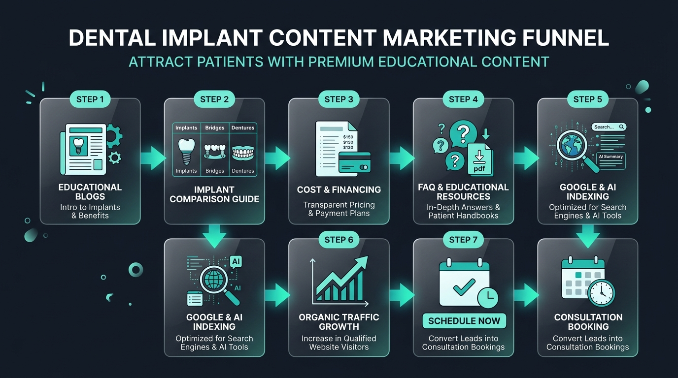 Dental implant marketing content and funnel infographic