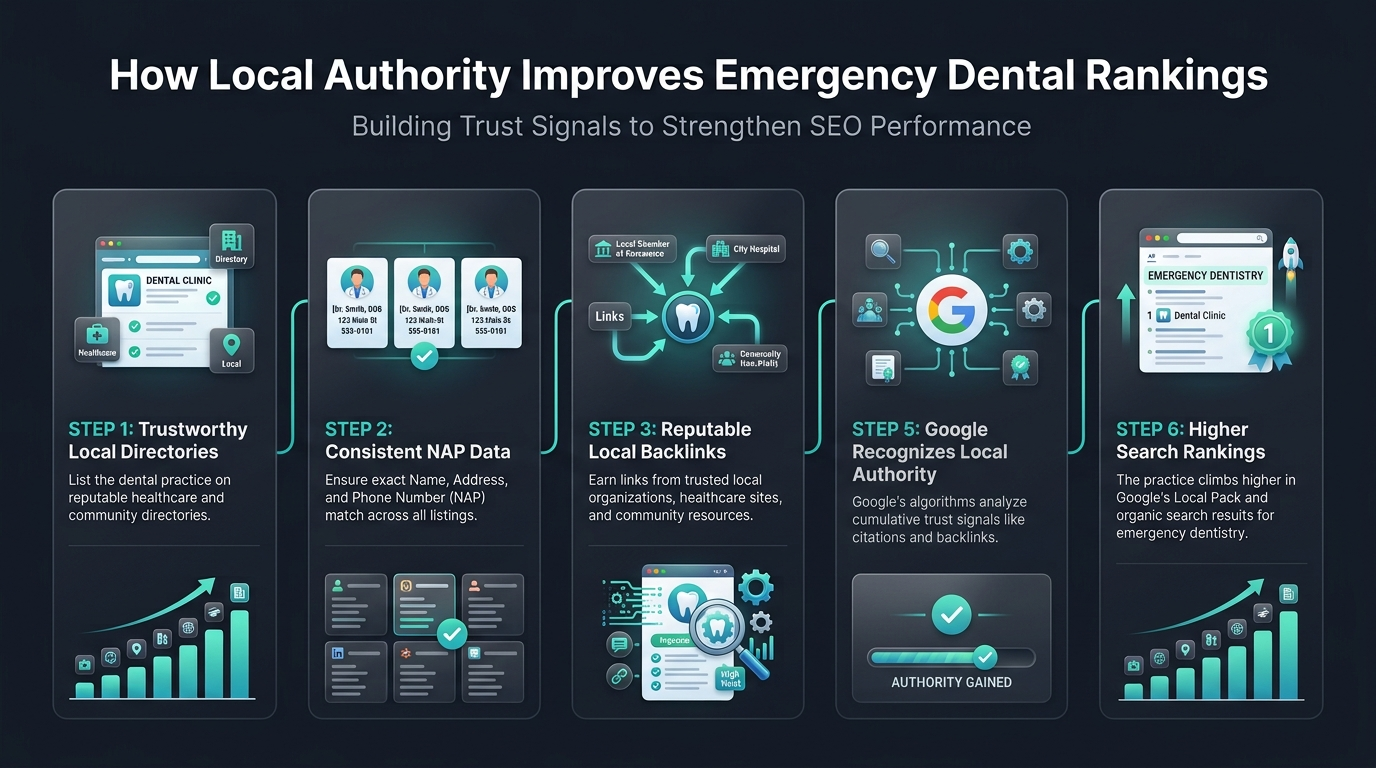 Link building authority indicators and citations schema for local dental offices